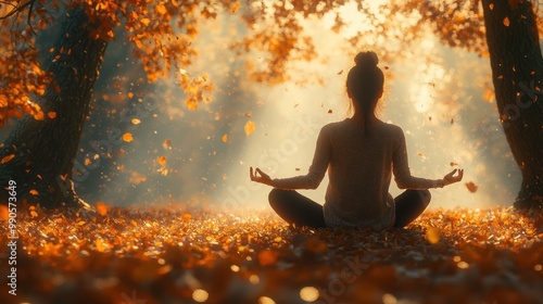 Person meditating amidst a serene, autumn landscape with fallen leaves.