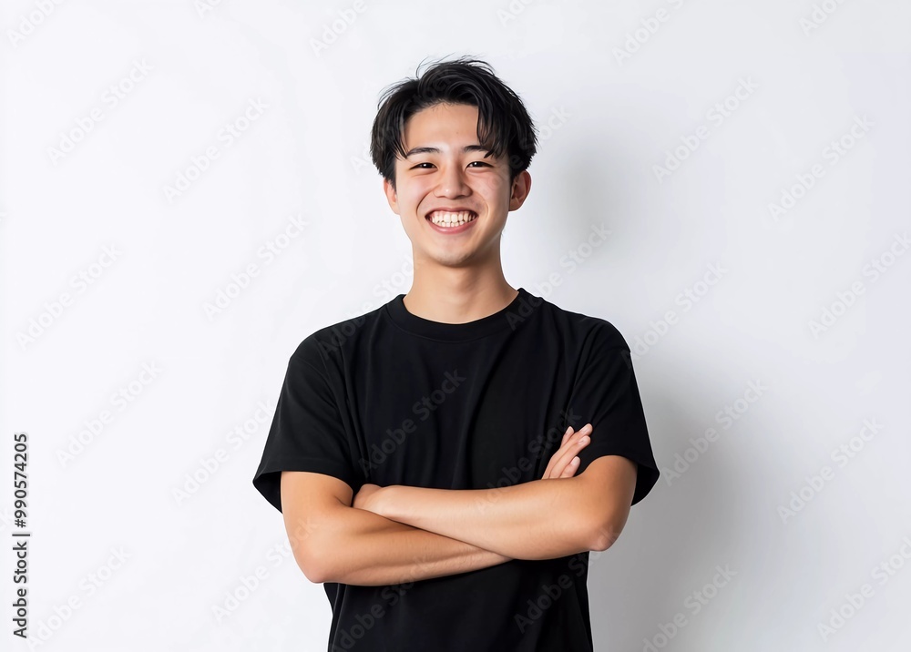 Obraz premium Empowered Asian Youth Smiling Man in Black Top Representing International Volunteerism