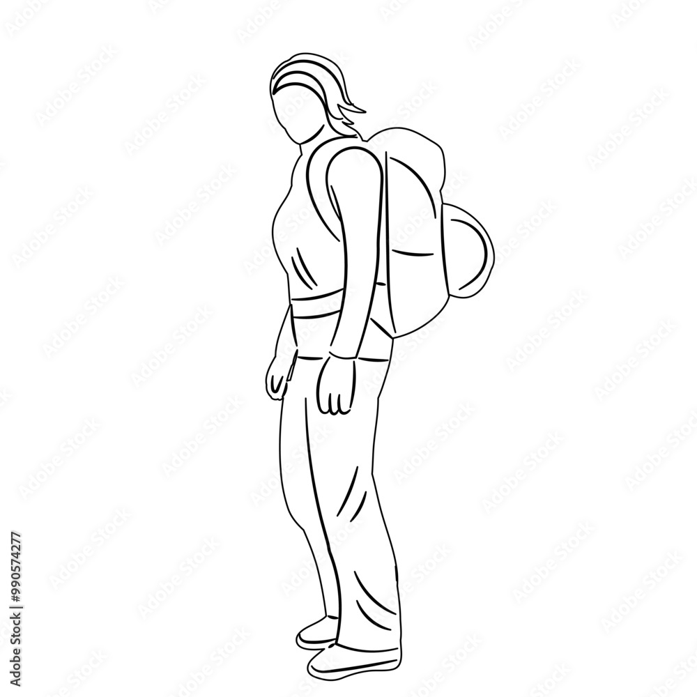 sketch woman standing with backpack, vector sketch woman standing with backpack, vector