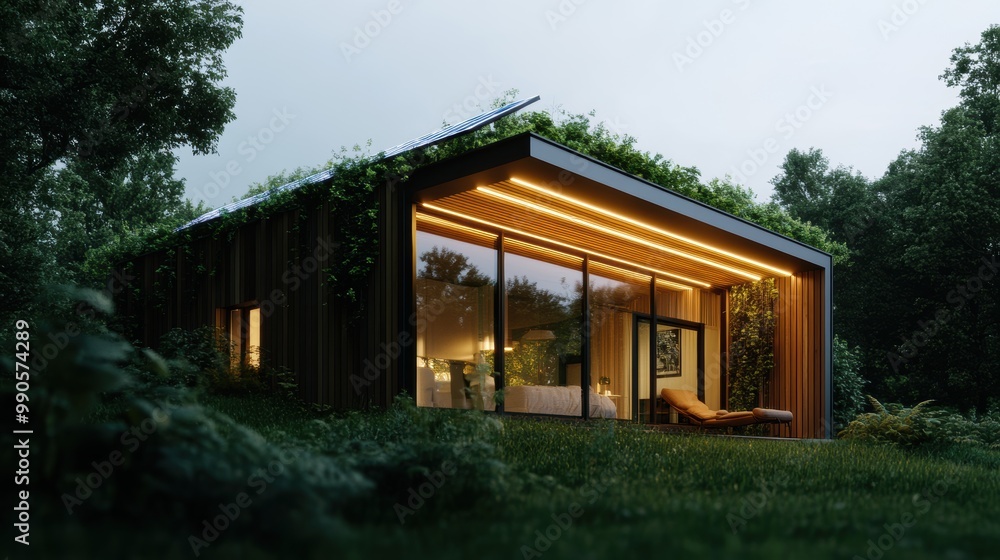 Modern eco-friendly house adorned with greenery, illuminated at dusk. Modern eco-friendly house adorned with greenery, illuminated at dusk.