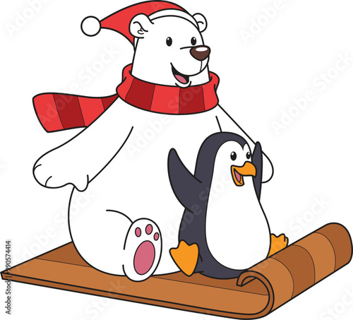 Cartoon christmas polar bear on ice sled with penguin vector illustration