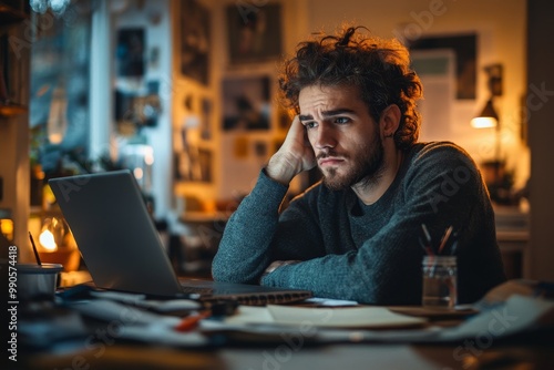 Young pensive man working at home and thinking of something, Generative AI photo