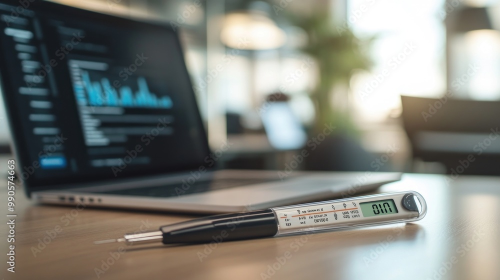 Fototapeta premium A pen and a laptop displaying data analysis in a modern office setting.