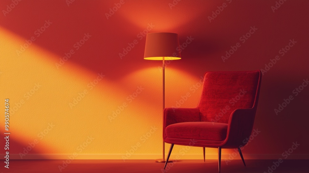 Stylish red armchair with a lamp in a warm, illuminated atmosphere. Stylish red armchair with a lamp in a warm, illuminated atmosphere.