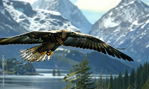 A large eagle is flying over a mountain range with a lake below Video photo