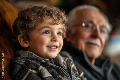 Happy small boy listening his grandfather who is talking to him at home, Generative AI