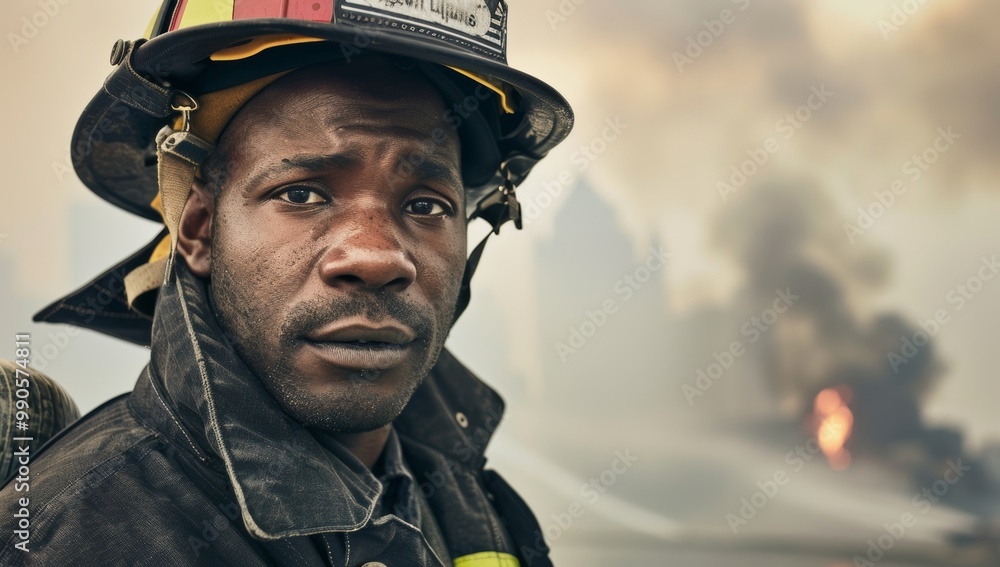 Black African American firefighter wearing his helmet, Standing in front of an urban fire scene with smoke rising from behind him. The background features buildings and city lights. Black African American firefighter wearing his helmet, Standing in front of an urban fire scene with smoke rising from behind him. The background features buildings and city lights.