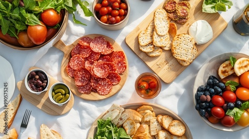 A vibrant spread of fresh ingredients and cured meats, perfect for a picnic or gathering on a sunny day. photo