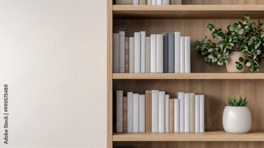 Modern bookshelf with assorted books and potted plant on wooden shelf.
