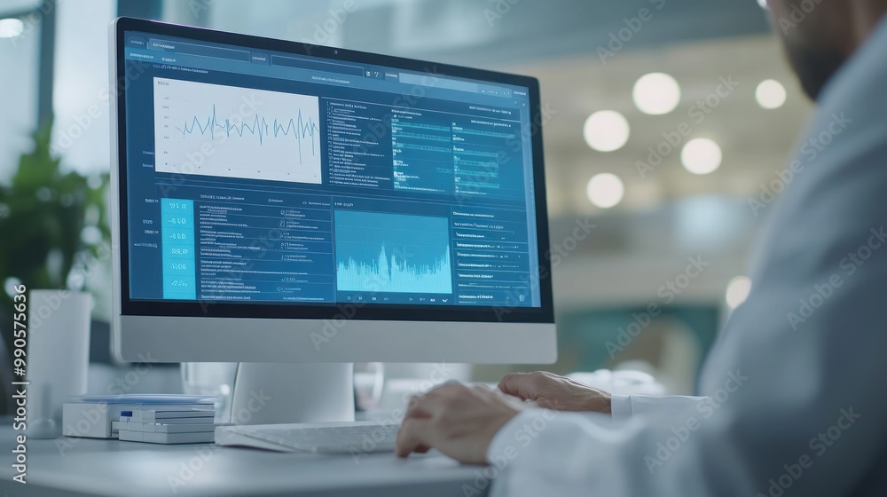 A person analyzing data on a computer screen in a professional setting. A person analyzing data on a computer screen in a professional setting.