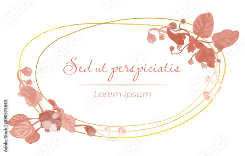 Monochrome flowers are put on a circular frame on a white background. The frame is made from a thin golden line of African flowers. Vintage floral frame for any design ideas.