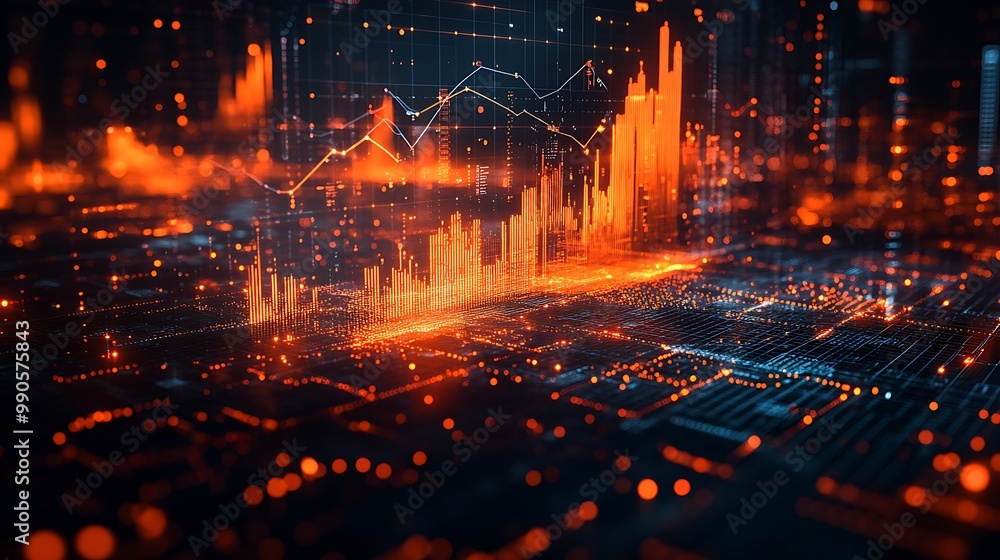 Obraz premium A complex data visualization featuring interconnected graphs for GDP growth, inflation, and unemployment rates, with stock market trends forming the central focus.