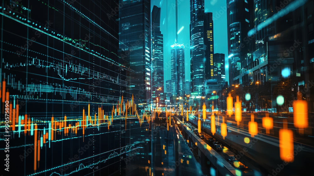 Obraz premium A stock market bar chart set against the backdrop of a contemporary business center, symbolizing concepts of financial investment and trading.
