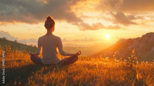 Woman meditating in nature during sunset, serene atmosphere, peaceful reflection