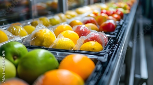 Streamlined Labeling: Machines Applying Labels to Packaged Fruit, Ideal for Product Banners and Visuals