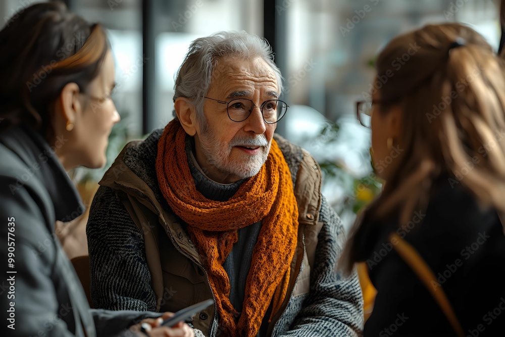 Elderly man engages in thoughtful conversation with two women indoors Elderly man engages in thoughtful conversation with two women indoors
