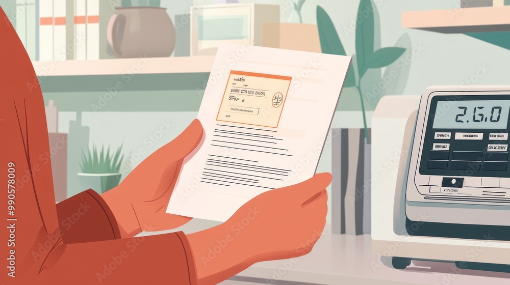 Obraz premium A person holding a document in a modern setting with a digital display nearby.
