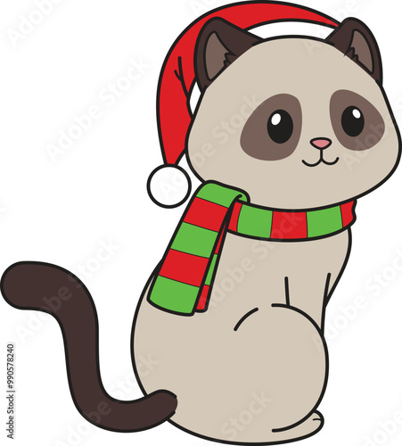 Cartoon siamese cat wearing christmas hat and scarf vector illustration