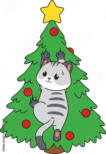 Cartoon funny cat climbing christmas tree vector illustration