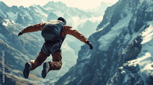 A daring individual leaps into the air above majestic mountains, showcasing the thrill of extreme sports and adventure.