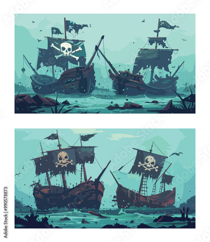 Ghost pirat ships cartoon vector set. Broken pirates ship with black flag skull bones holes splits destroyng flying dutchman shipwreck dark water vessels concepts