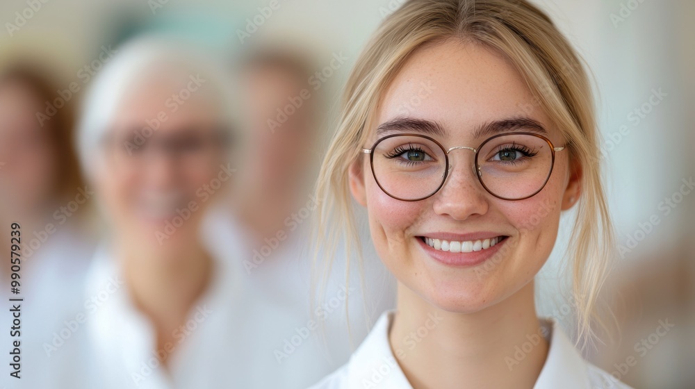 Smiling woman with glasses in a bright, friendly group setting. Smiling woman with glasses in a bright, friendly group setting.