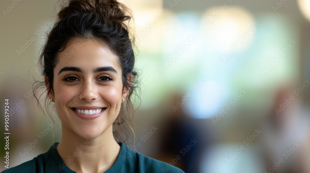 Cheerful woman smiling in a bright environment with soft focus background. Cheerful woman smiling in a bright environment with soft focus background.