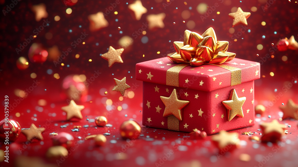 A beautifully wrapped red gift box adorned with a golden bow and surrounded by festive stars, perfect for holiday celebrations. A beautifully wrapped red gift box adorned with a golden bow and surrounded by festive stars, perfect for holiday celebrations.