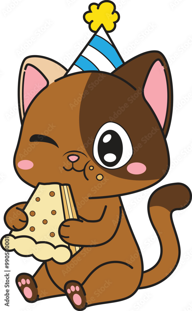 Cartoon birthday cat eating cake vector illustration Cartoon birthday cat eating cake vector illustration
