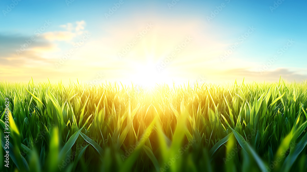 A field of green grass with the sun shining brightly on it. The sun is the main focus of the image, and it creates a warm and inviting atmosphere. The grass is lush and vibrant, and the sky is clear A field of green grass with the sun shining brightly on it. The sun is the main focus of the image, and it creates a warm and inviting atmosphere. The grass is lush and vibrant, and the sky is clear