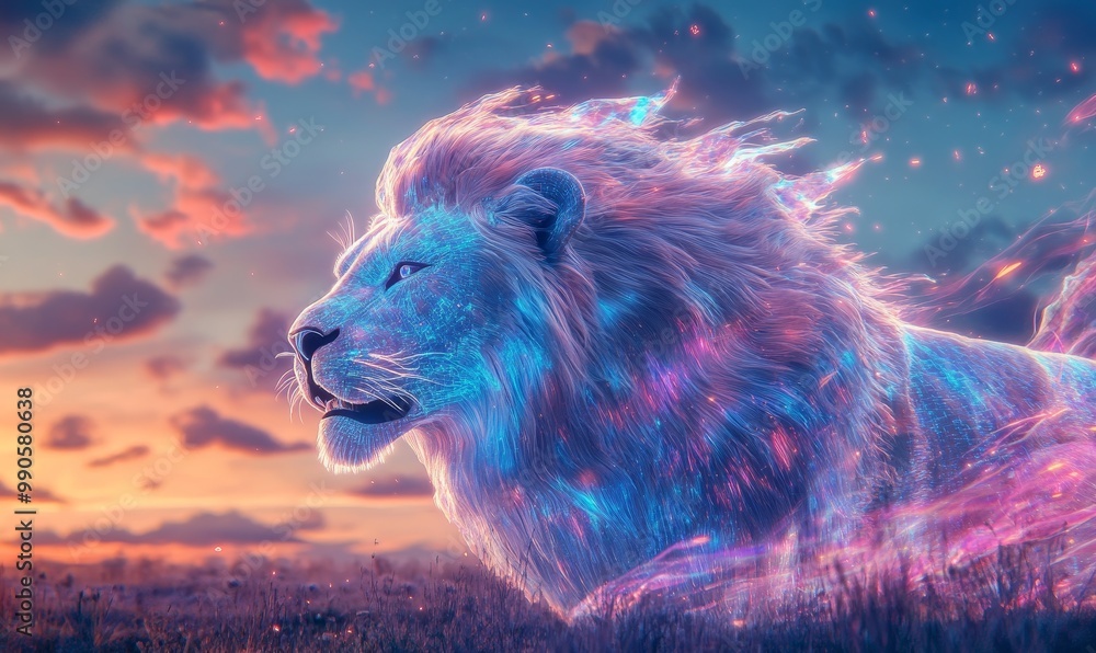 Naklejka premium White lion with glowing fur at sunset.