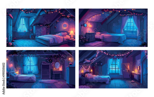 Girl night bedroom cartoon vector scenes. Womens bed pillows window garland bedside nightstand lamp makeup mirror cabinet curtains attic shades interior cozy concepts