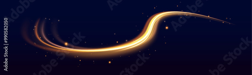 Golden glowing shiny spiral lines effect. Curved yellow line light. Vector illustration of a burning falling fireball meteor. 