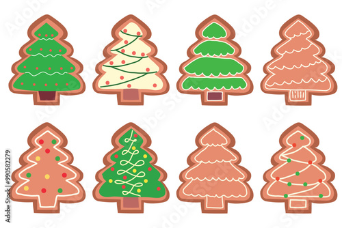 Set of ginger bread cookies on the christmas day celebration. Winter homemade xmas sweets in shape of house and gingerbread man, star and snowflake, santa and heart, bird and rabbit and sock. Cartoon 