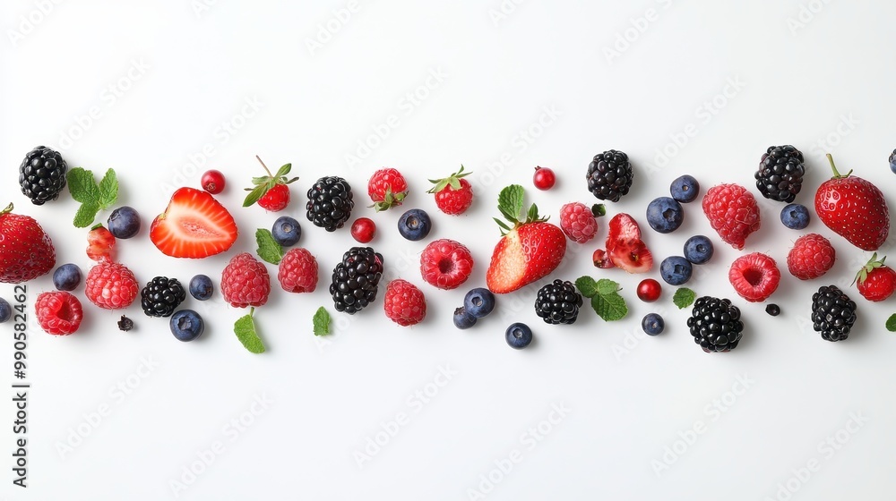 A colorful mix of berries contrasts beautifully against a clean white background A colorful mix of berries contrasts beautifully against a clean white background