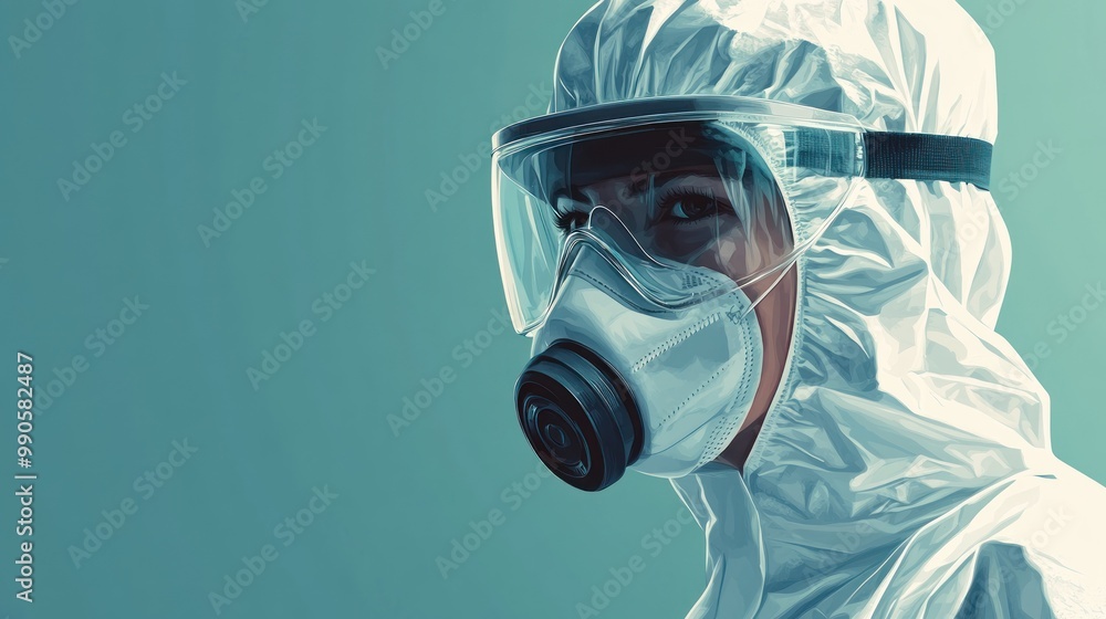 A person in protective gear with a mask and goggles, emphasizing safety and health measures. A person in protective gear with a mask and goggles, emphasizing safety and health measures.