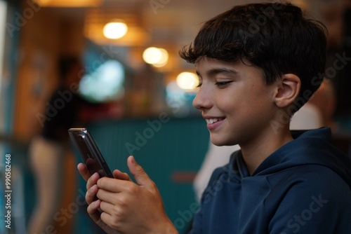 preadolescent boy in a cafeteria using a cellular phone