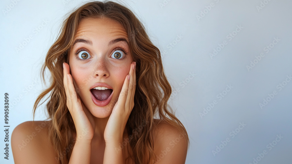 A surprised woman with wavy hair, expressing joy and excitement, showcasing emotions in a bright setting. A surprised woman with wavy hair, expressing joy and excitement, showcasing emotions in a bright setting.