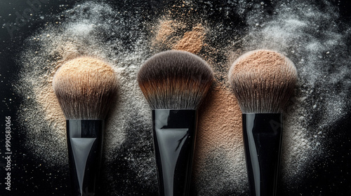 Three makeup brushes with powder dust against a dark background showcase beauty tools for flawless application. photo