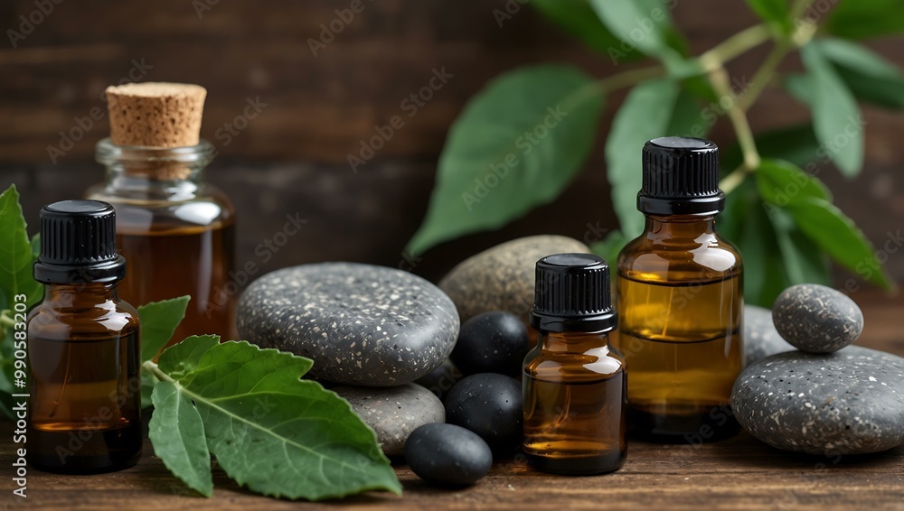 Arrangement of essential oils, stones, and green leaves. Arrangement of essential oils, stones, and green leaves.