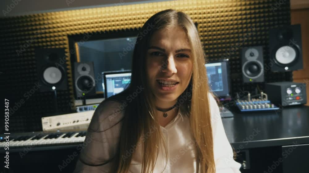 Portrait of beautiful girl singing in sound studio. Young singer sings song emotionally and gesticulates. Working of creative musician. Show business concept. Slow motion Close up