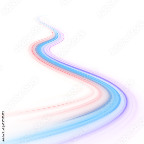 Light trail wave, fire path trace line, car lights, optic fiber and incandescence curve twirl.  Abstract background in blue and purple neon glow colors. PNG.