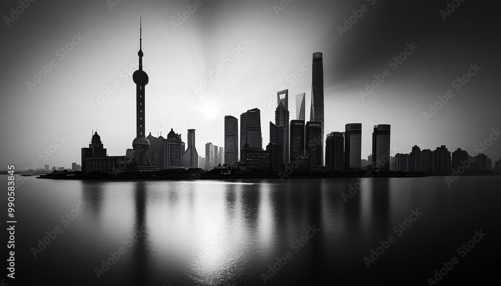 Obraz premium A black-and-white photo of a famous city skyline or iconic landmark, evoking a timeless, classic look