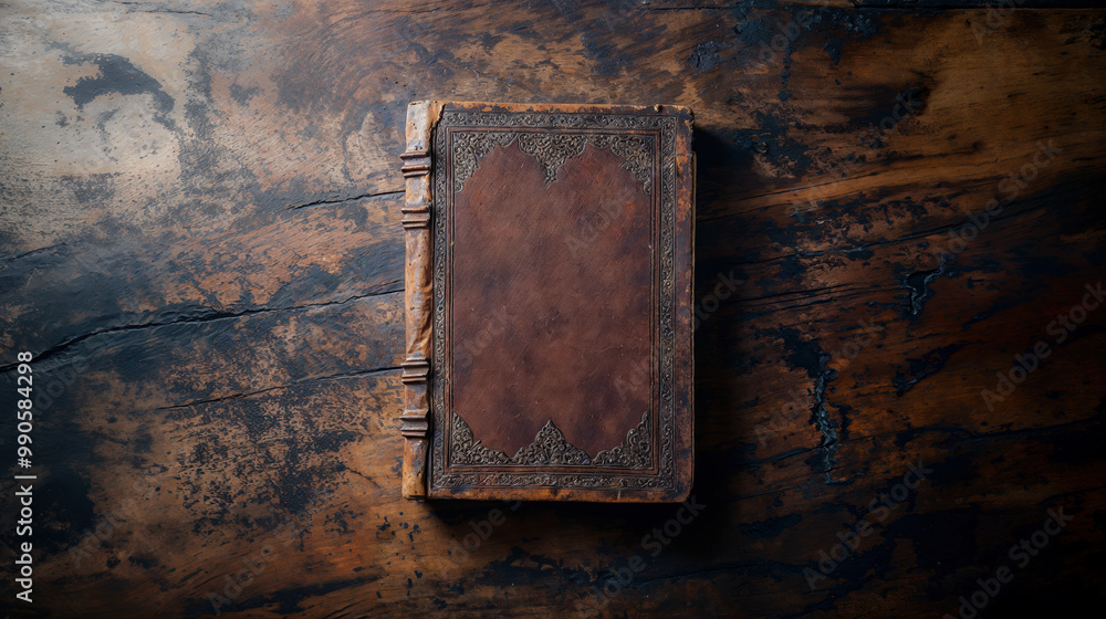 une vieux livre avec couverture en cuir, vierge, posé sur un plateau de table en bois foncé une vieux livre avec couverture en cuir, vierge, posé sur un plateau de table en bois foncé