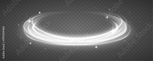 Set of glowing ellipses in speed shape. Imitation of the exit of cold air from the air conditioner. Curved light effect of white bright sparkling motion wave. Dynamic white spiral, vortex or blizzard.