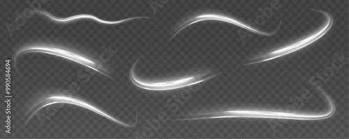 Realistic set of snow storm or wind swirls isolated on transparent background. Set of light trail lines, fire trail waves and glow curve curls. Light white Twirl. Curve light effect of white line. 