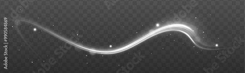 Set of glowing ellipses in speed shape. Imitation of the exit of cold air from the air conditioner. Curved light effect of white bright sparkling motion wave. Dynamic white spiral, vortex or blizzard.
