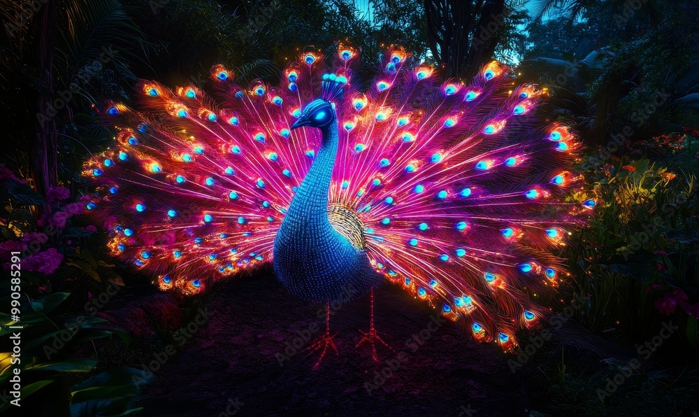 Obraz premium A glowing peacock in a dark forest.