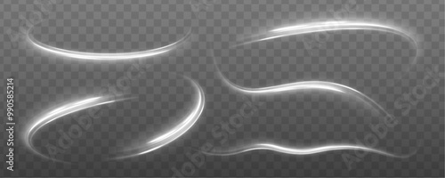 Curve light effect of white line. White shiny sparks of spiral wave. Imitation of the exit of cold air from the air conditioner. Curved bright speed line swirls. Shiny wavy path. 