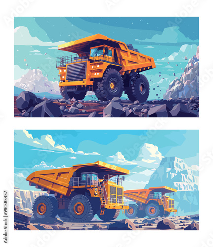 Heavy yellow dump trucks cartoon vector concepts. Huge wheels coal mine stone rocks quarry machine operating drill industry vehicle utter illustrations